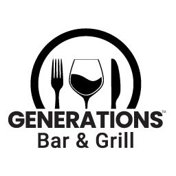 Logo for Generations Bar & Grill features a fork, wine glass, and knife inside a circle, with the restaurant name below in bold black text.